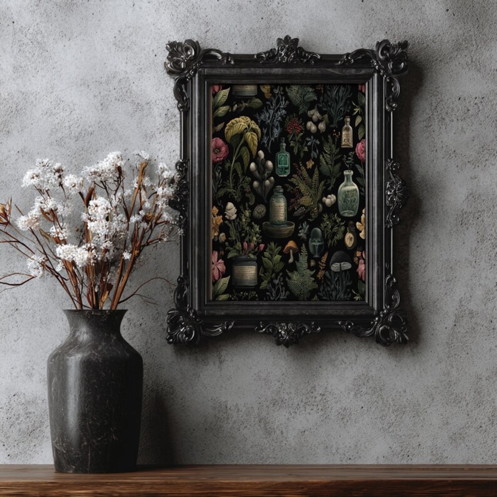 Dark Botanical Apothecary Art Print, Vintage Floral & Mushroom Illustration